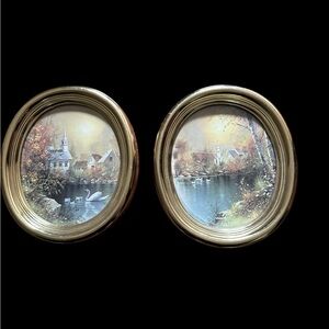 Vintage Homco Set of 2 Home Interior Gold Oval Frame, Swan Church Village